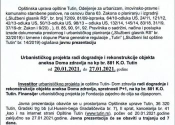 JAVNA PREZENTACIJA URBANISTIČKOG PROJEKTARADI DOGRADNJE I REKONSTRUKCIJE OBJEKTA ANEKSA DOMA ZDRAVLJA