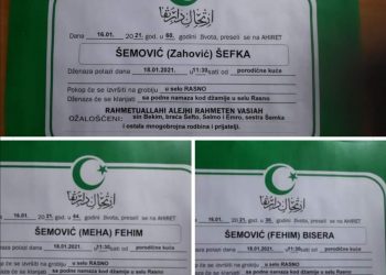 Sutra se klanja dženaza  Biseri Š. (30),  Fehimu (64) i Šefki (60)