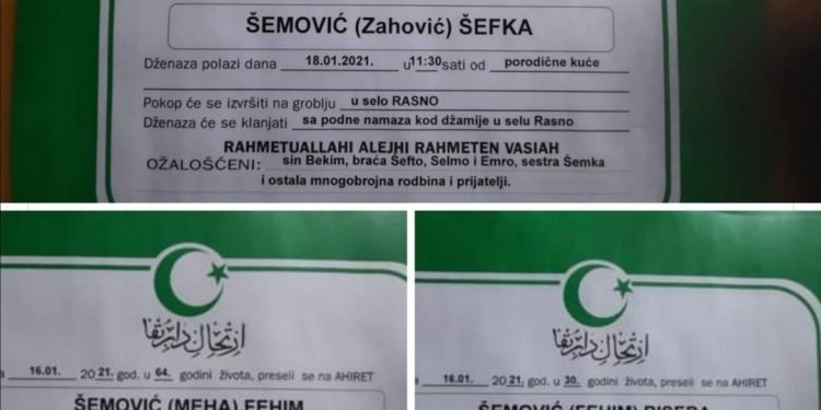 Sutra se klanja dženaza  Biseri Š. (30),  Fehimu (64) i Šefki (60)