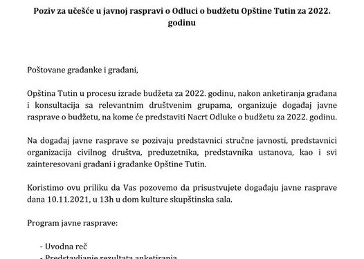 Poziv za učešće u javnoj raspravi o Odluci o budžetu Opštine Tutin za 2022. godinu