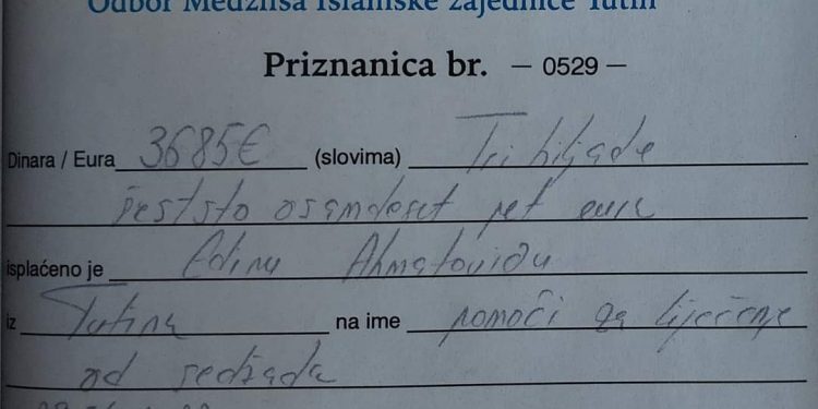 Odbor medžlisa IZ-Tutin pokupio 3. 685 eura za našeg brata Edina Ahmatovića