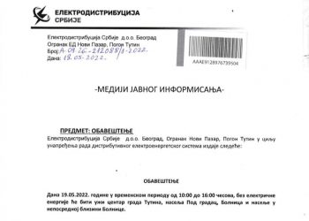 TUTIN BEZ STRUJE SUTRA OD 9 DO 16 SATI